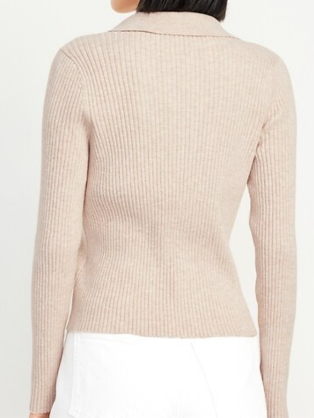 Cotton Ribbed V-Neck Polo Sweater in Beige - Picture 8 of 8